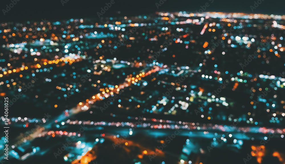 Aerial blurred view of a massive highway in Los Angeles, CA at night