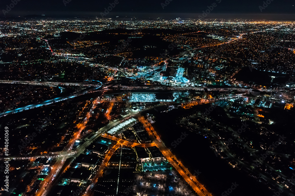 Aerial view of a massive highway in Los Angeles, CA at night