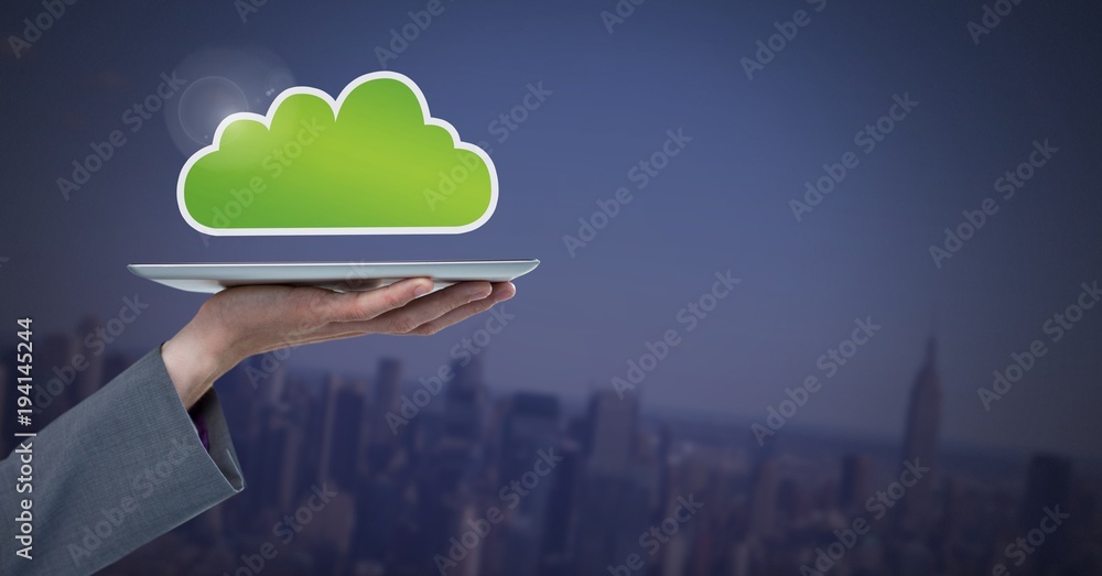 Hand holding tablet with cloud icon