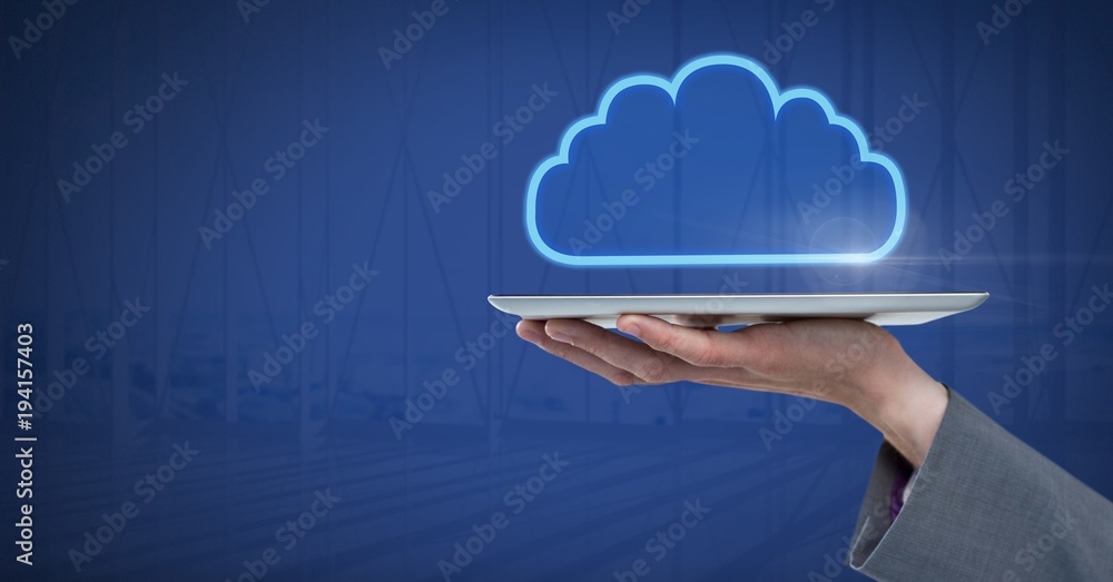 Hand holding tablet with cloud icon