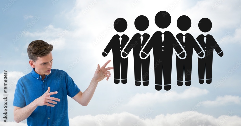 Man opening hands to business people group