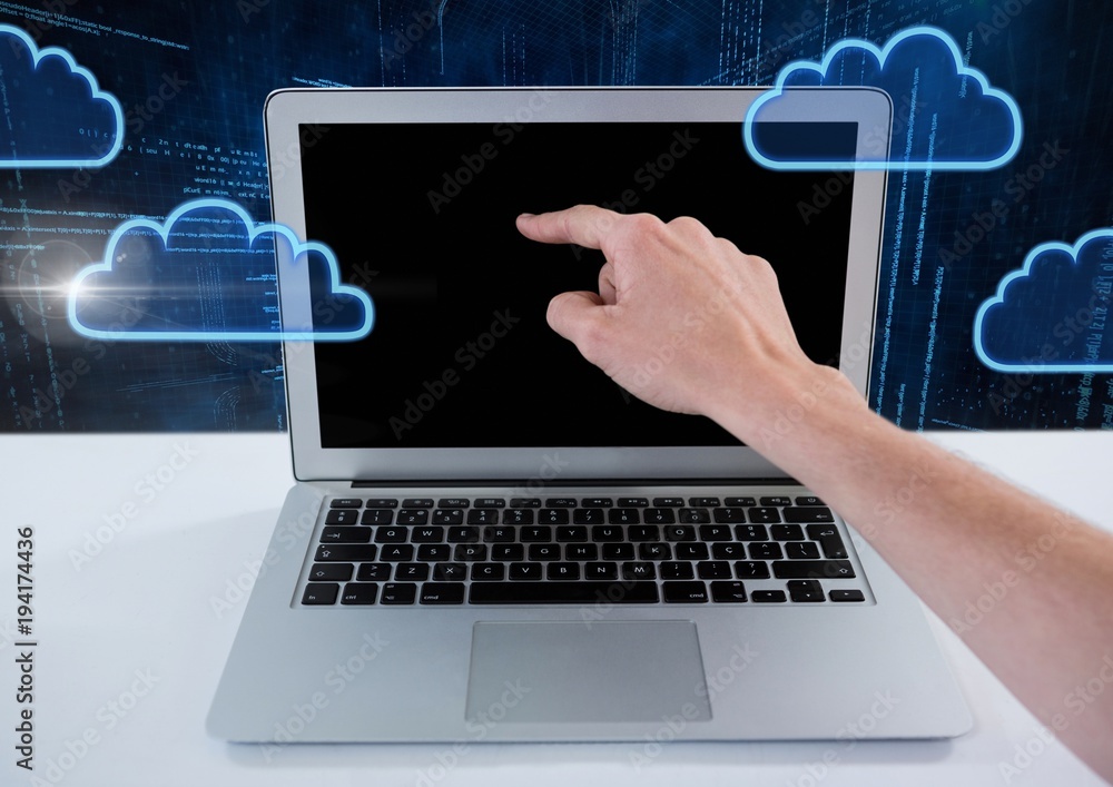 Hand using laptop with cloud icons and technology background