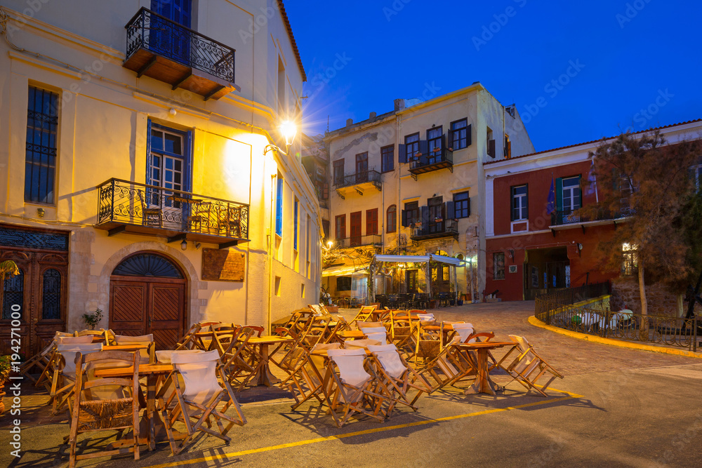 Architecture of Chania at night with Old Venetian port on Crete. Greece