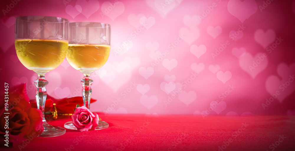 Hearts background with champagne and roses. Valentines concept