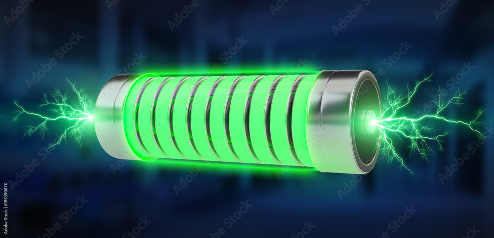 Green battery with lightnings 3D rendering