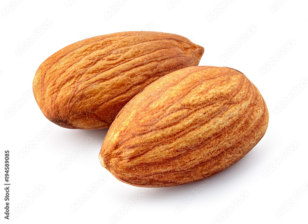 Almond isolated. Almonds on white. Full depth of field.