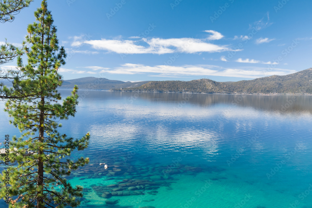 Lake Tahoe east shore beach, calm turquoise water in sunny day