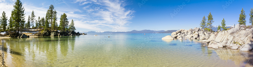 Sand Harbor beach in winter panorama, Lake Tahoe 