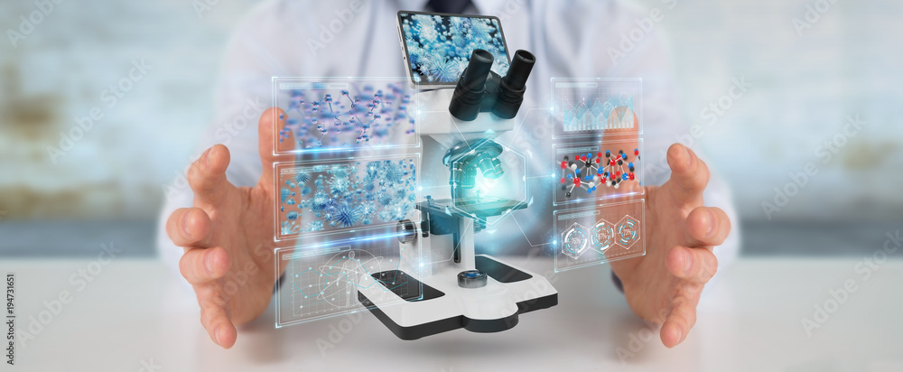 Businessman using modern microscope with digital analysis 3D rendering