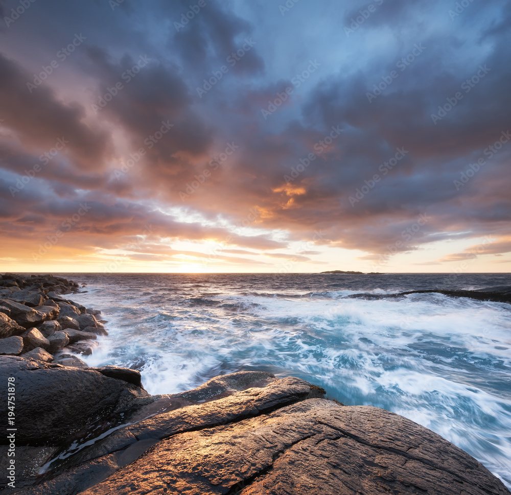 Seascape during sunrise. Beautiful natural landscape on the seashore