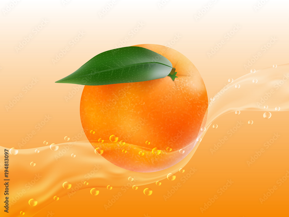 Delicious juicy orange in spray of juice. Realistic style. Vector illustration.