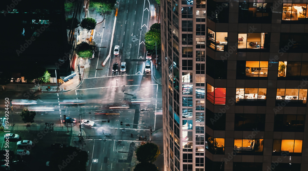 Aerial view of an intersection in Downtown Los Angeles, CA