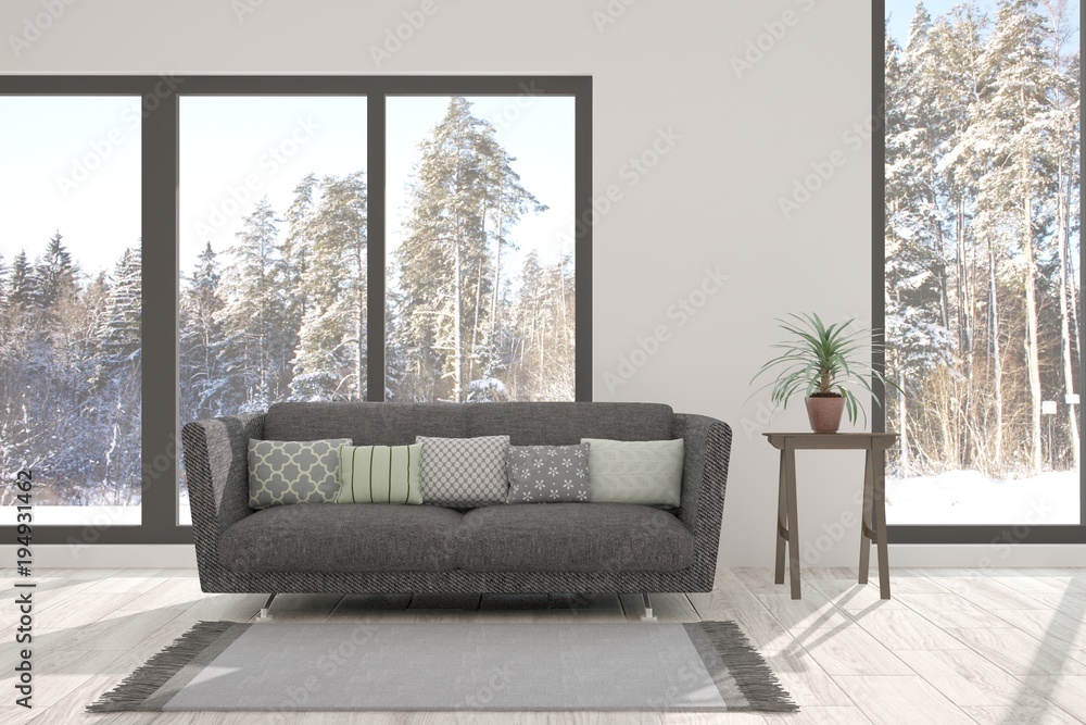 White room with sofa and winter landscape in window. Scandinavian interior design. 3D illustration