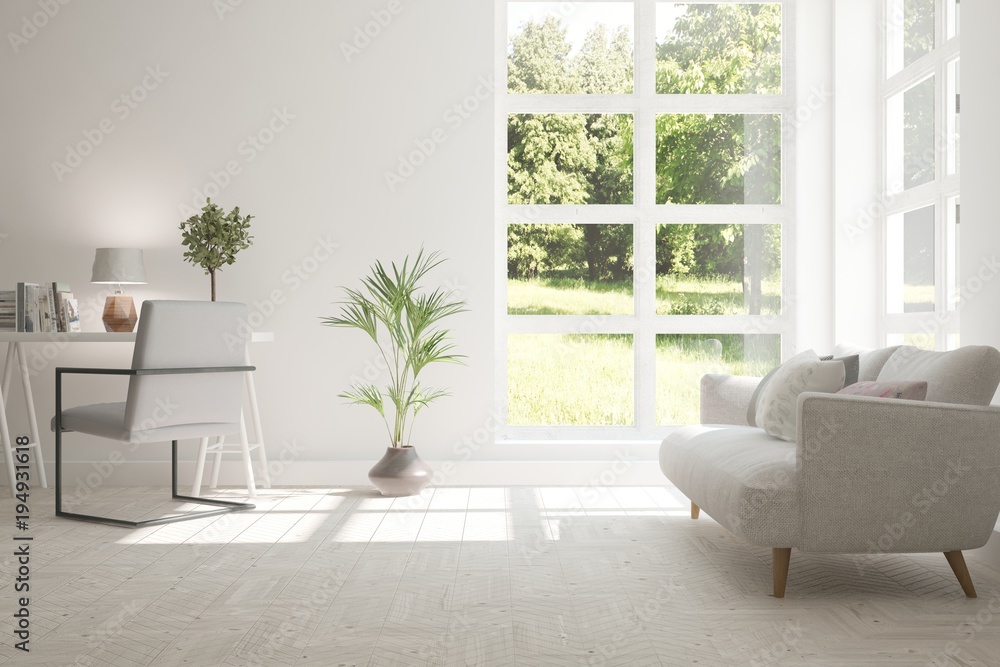 Idea of white room with armchair and summer landscape in window. Scandinavian interior design. 3D il