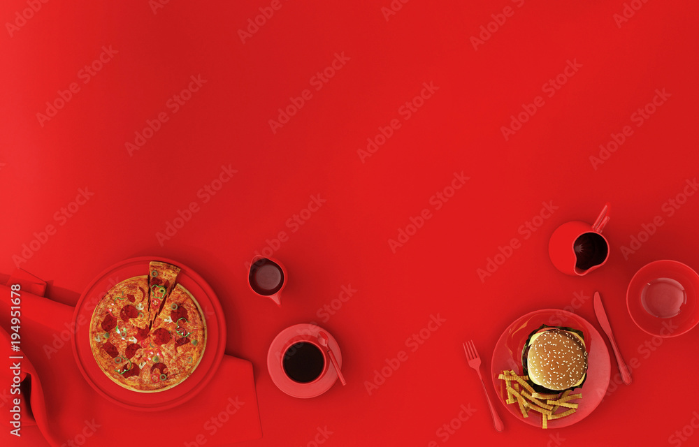 top view of food and drink on Sunday ,red background, dish food ,special menu