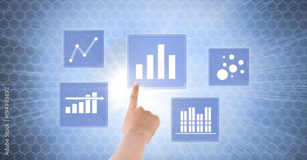 Hand touching business chart statistic icons