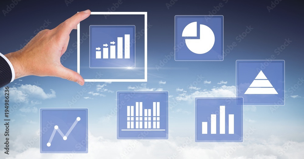 Hand touching business chart statistic icons