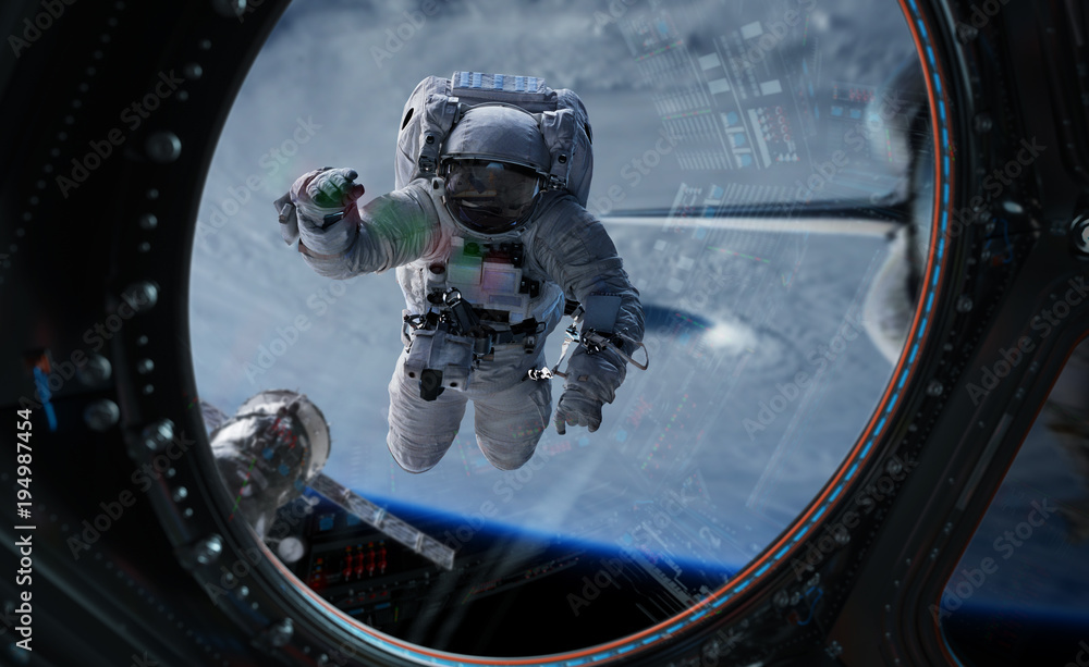 Astronaut working on a space station 3D rendering elements of this image furnished by NASA