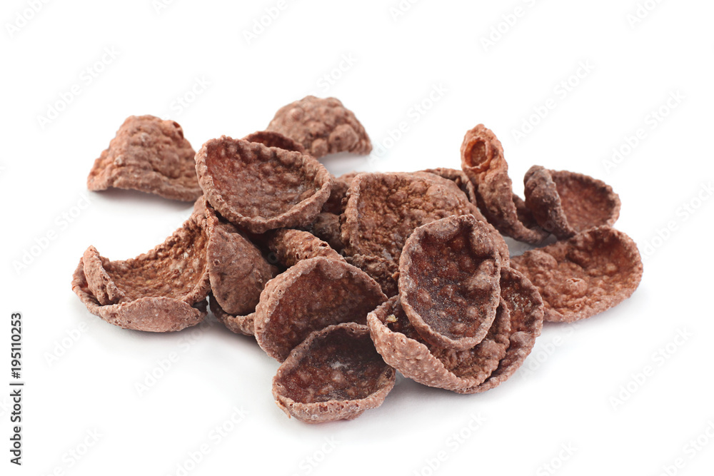 Cocoa corn flakes on white