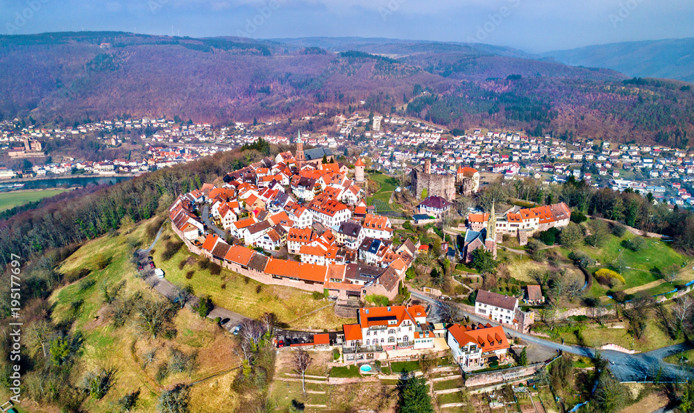 Aerial view of Dilsberg, a town with a castle on the top of a hill surrounded by a Neckar river loop