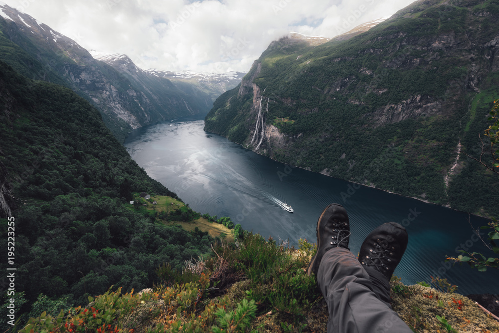 Breathtaking view of Sunnylvsfjorden fjord and famous Seven Sisters waterfalls, near Geiranger villa