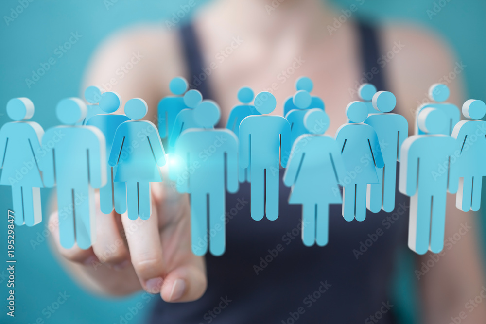 Businesswoman holding and touching 3D rendering group of blue people