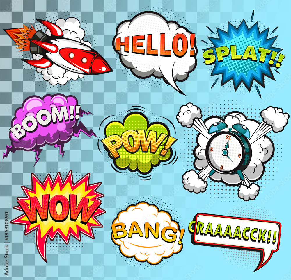 Comic speech bubbles. Rocket. Alarm clock. Sound effects. Vector illustration