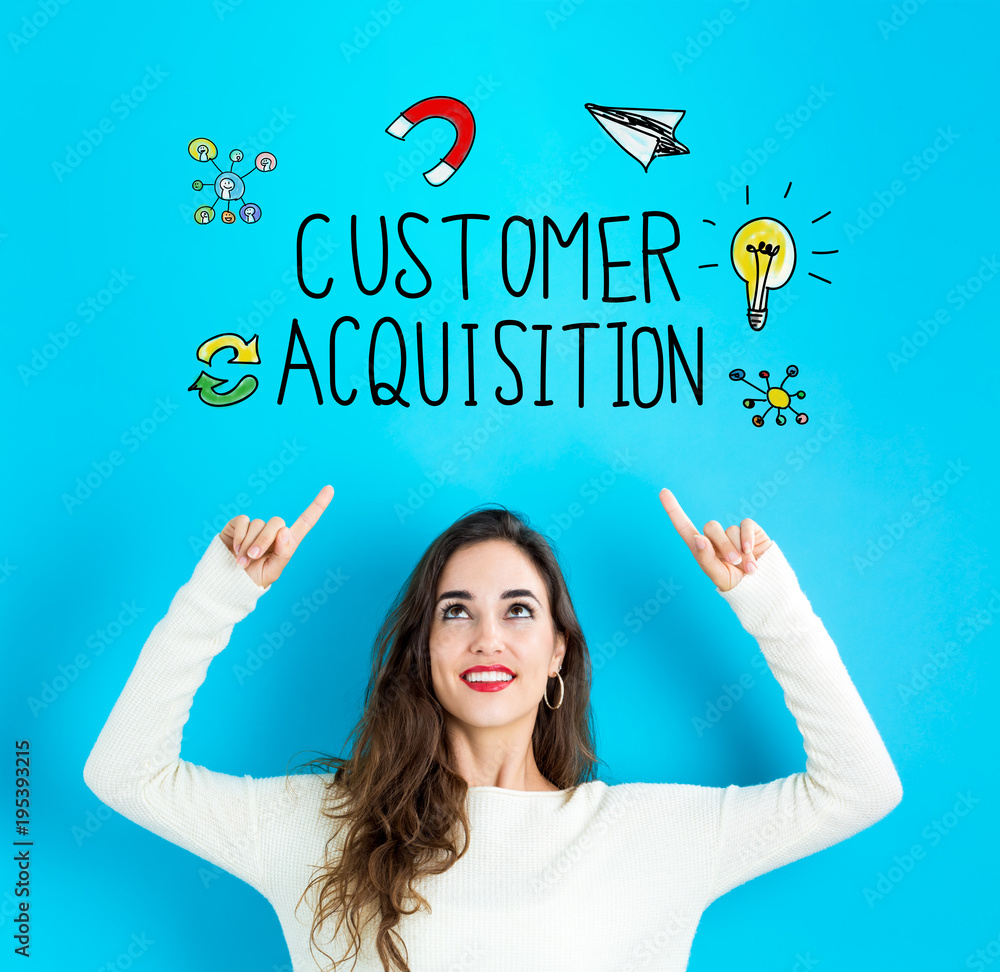 Customer Acquisition with young woman reaching and looking upwards