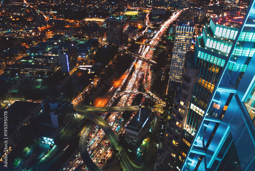 Aerial view of the massive highway infrastructure in Downtown Los Angeles, CA