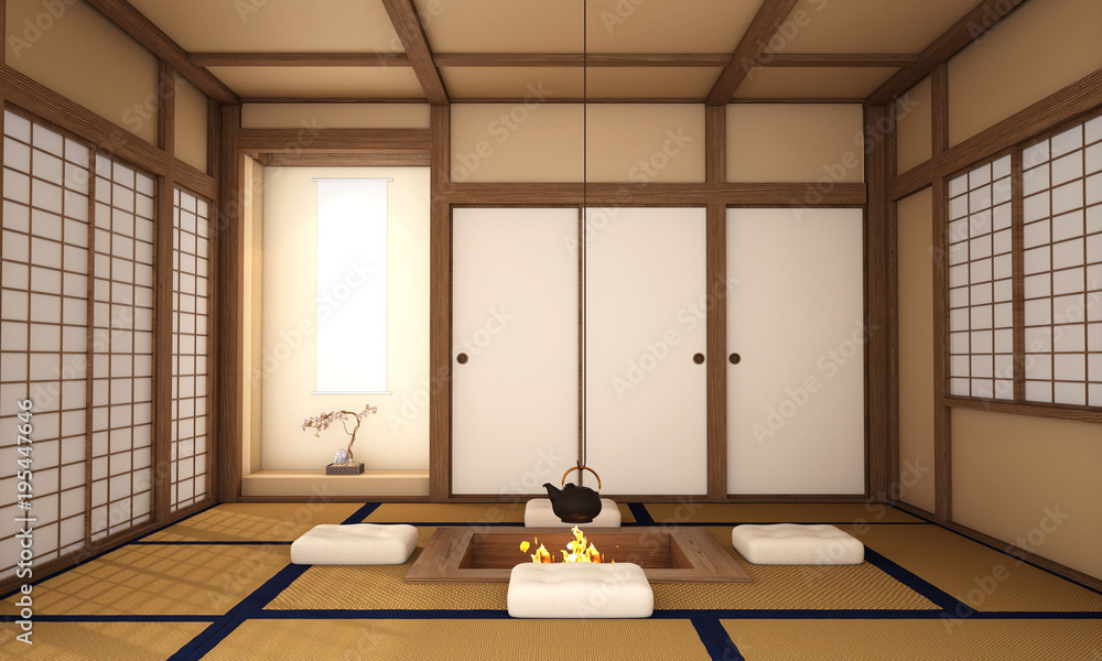 interior design living room with table,wood floor,was designed specifically in traditional Japanese 