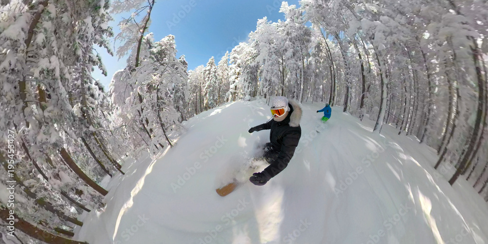 两名滑雪板滑雪运动员寒假在云杉林中骑新鲜雪