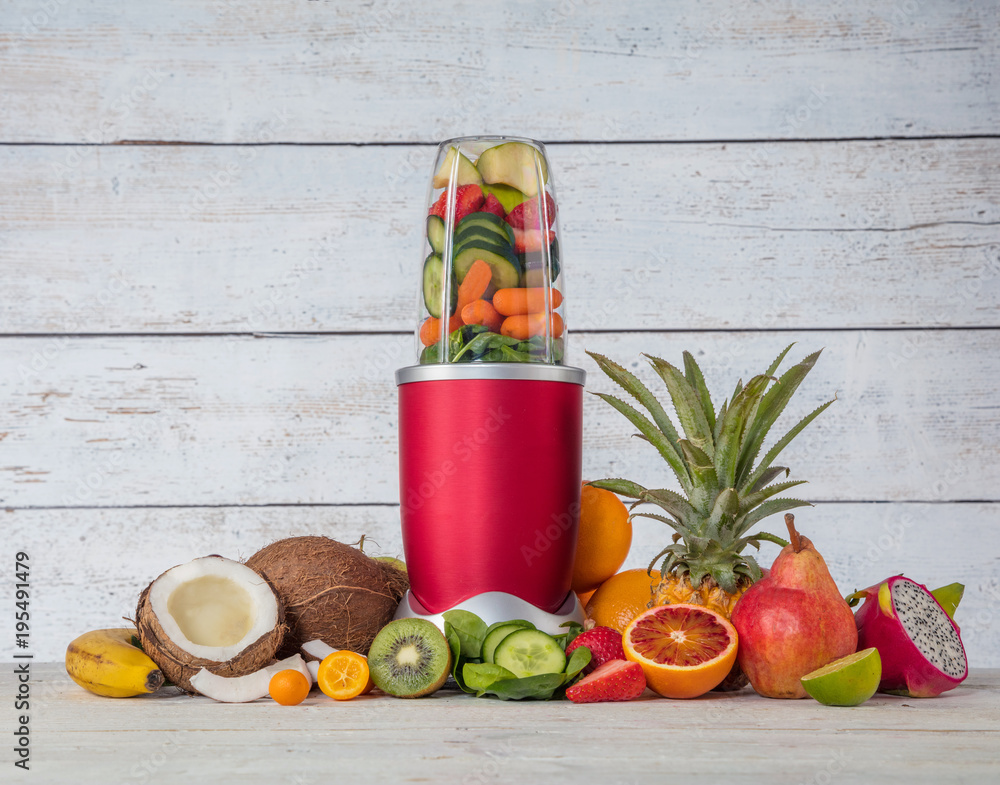 Smoothie maker mixer with pieces of fruit ingredients