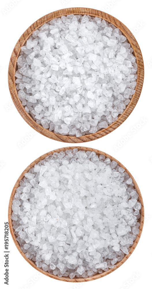 Sea salt in wooden bowl top view