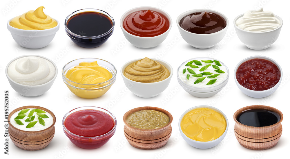 Different sauces isolated on white background