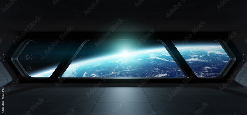 Spaceship futuristic interior with view on planet Earth