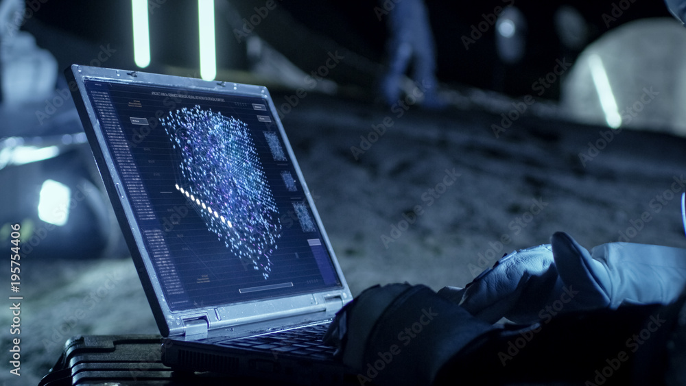 Astronaut on the Alien Planet Works with AI Analysis on a Laptop. In the Background Her Crew Member 