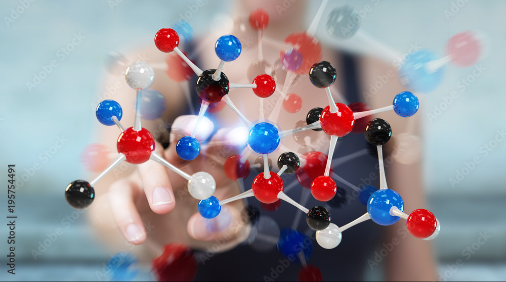 Businesswoman using modern molecule structure 3D rendering