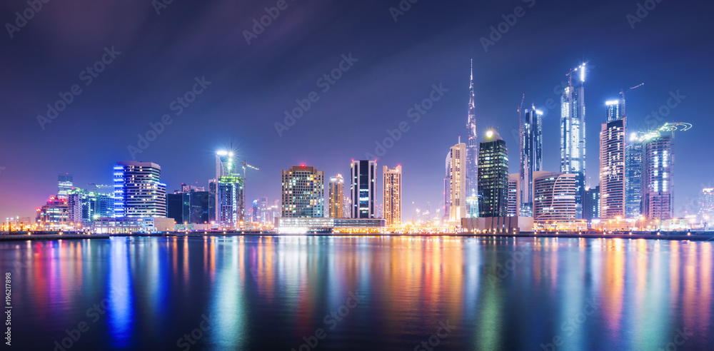 View on skyscrapers in modern center of Dubai at the sunset,Dubai,United Arab Emirates