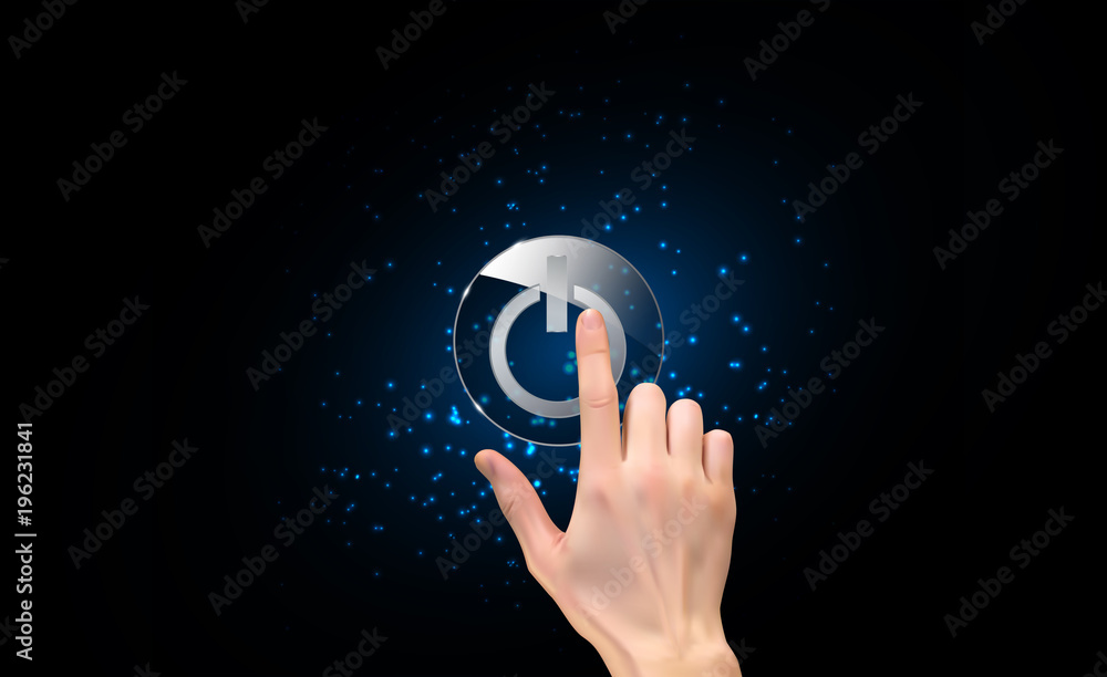 Realistic 3D Silhouette of  hand with finger pressing a power button. Vector Illustration