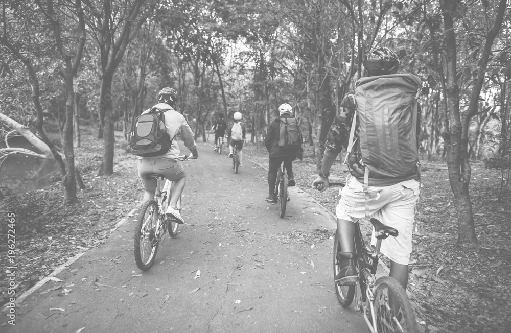 Group of friends ride mountain bike in the forest together