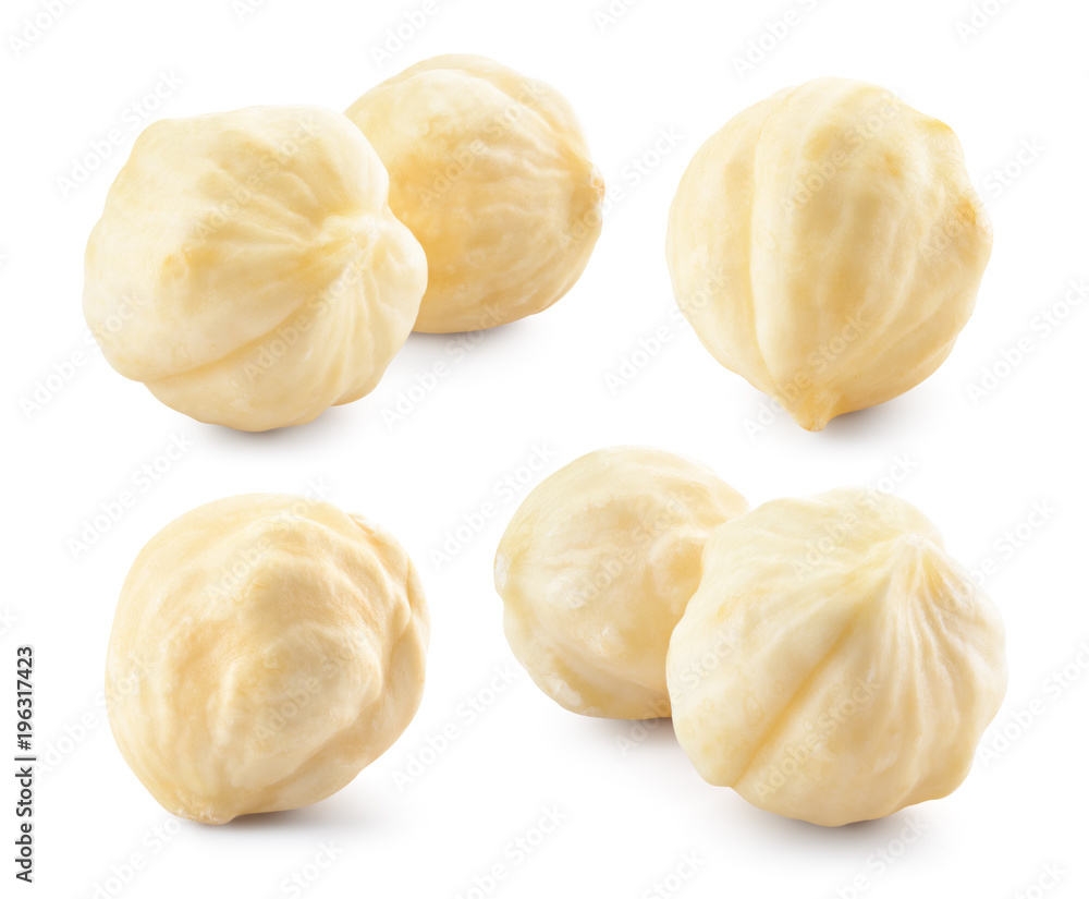 Hazelnut. Fresh organic peeled filbert isolated on white background. Nut macro. With clipping path. 