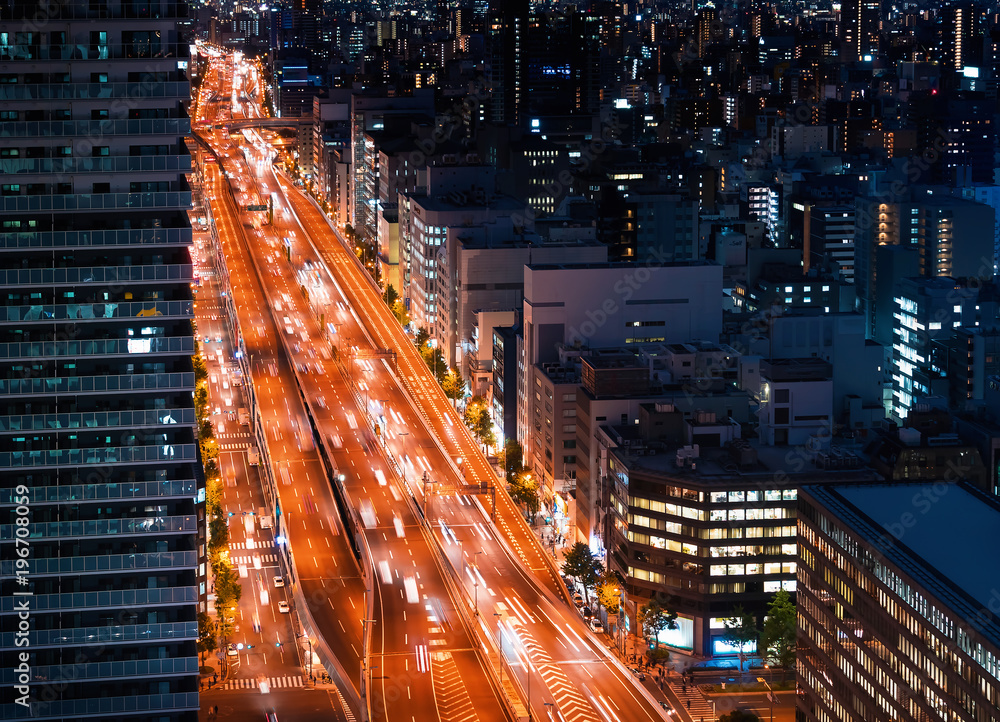 Aerial view of a massive highway in Osaka, Japan