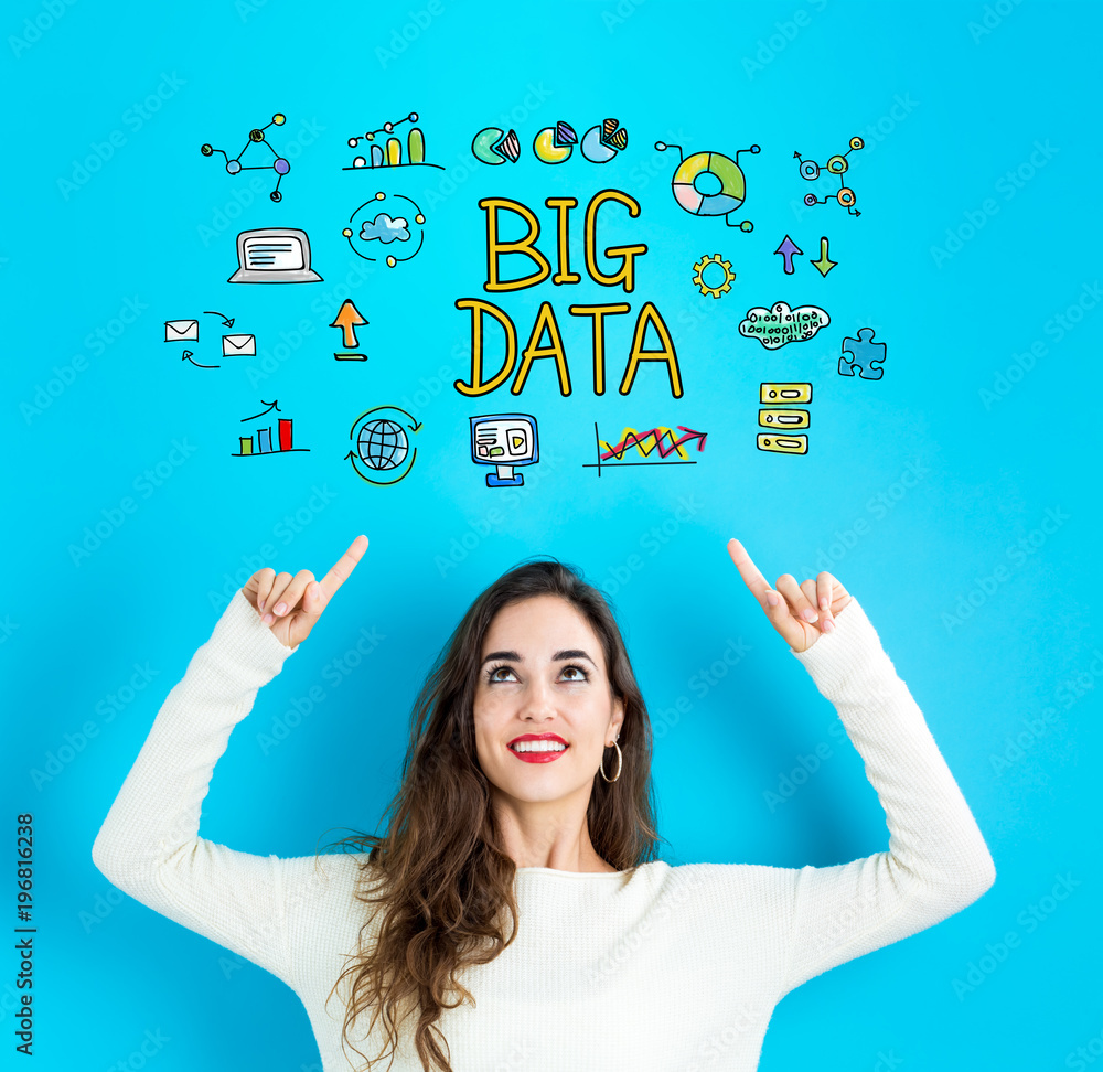 Big Data with young woman reaching and looking upwards