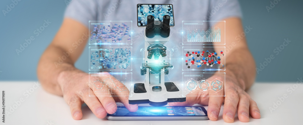 Businessman using modern microscope with digital analysis 3D rendering