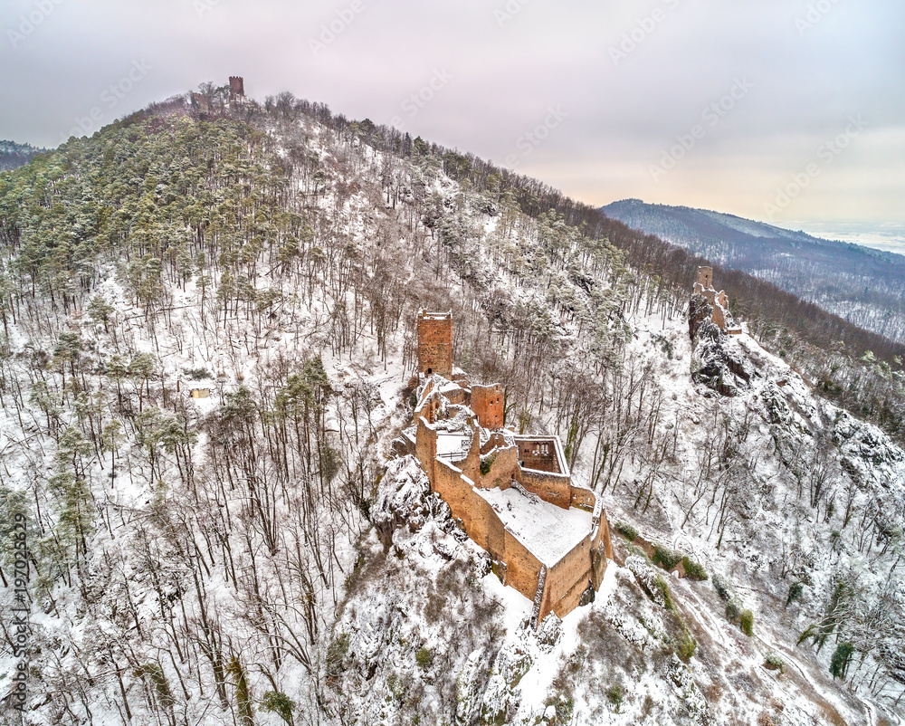 Castles of Saint Ulrich, Girsberg and Haut-Ribeaupierre in the Vosges Mountains near Ribeauville. Al