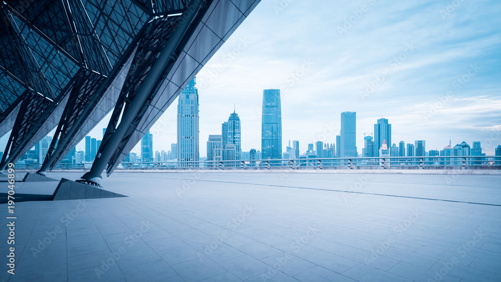 empty square floor front with cityscape