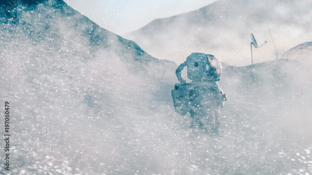 骄傲的宇航员在暴风雪中自信地探索外星行星表面。寒冷的星球覆盖了我