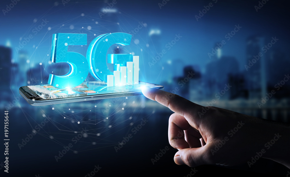 Businessman using 5G network with mobile phone 3D rendering