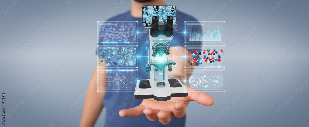 Businessman using modern microscope with digital analysis 3D rendering