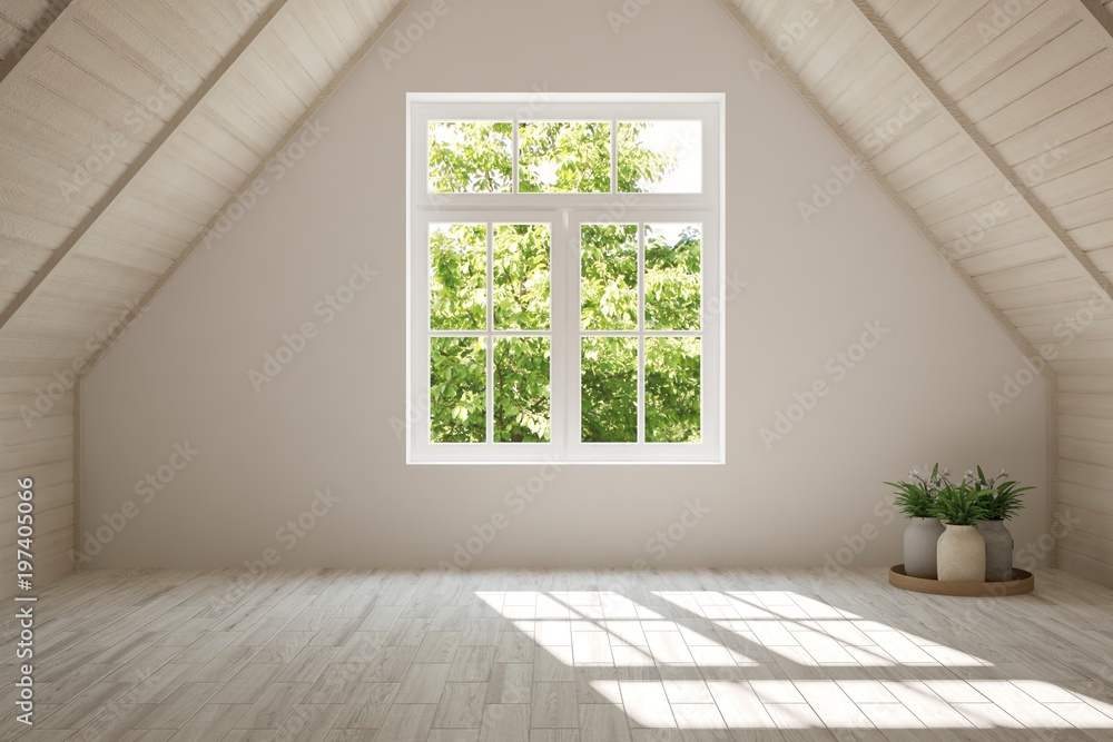 White empty room with summer landscape in window. Scandinavian interior design. 3D illustration